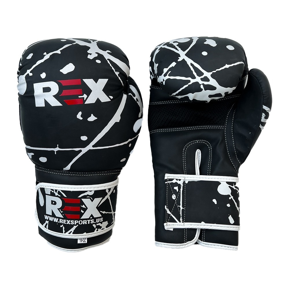 REX Matt Black Custom Printed Boxing Gloves in Synthetic Leather 