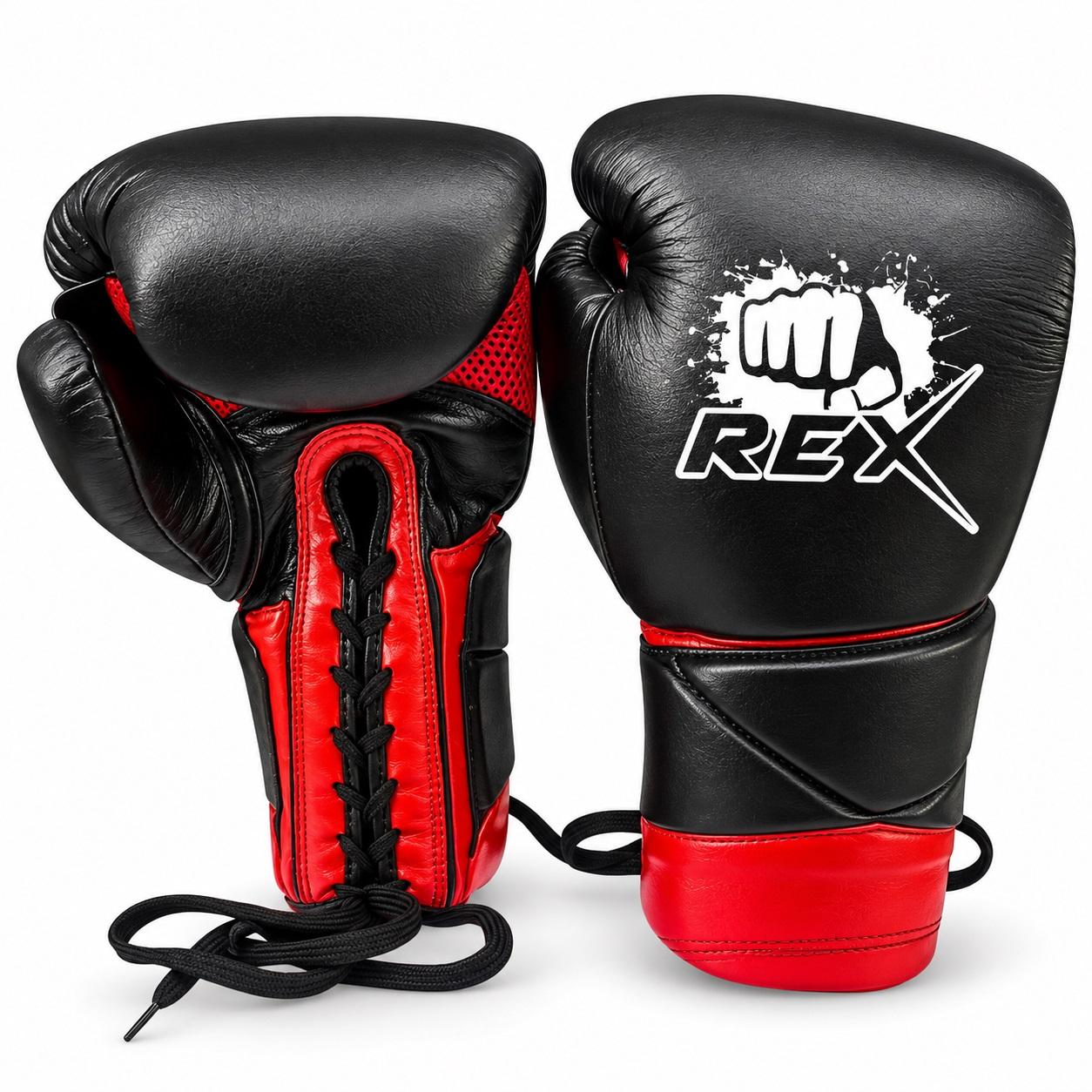 REX Black & Red Professional Cowhide Leather Lace-Up Boxing Gloves