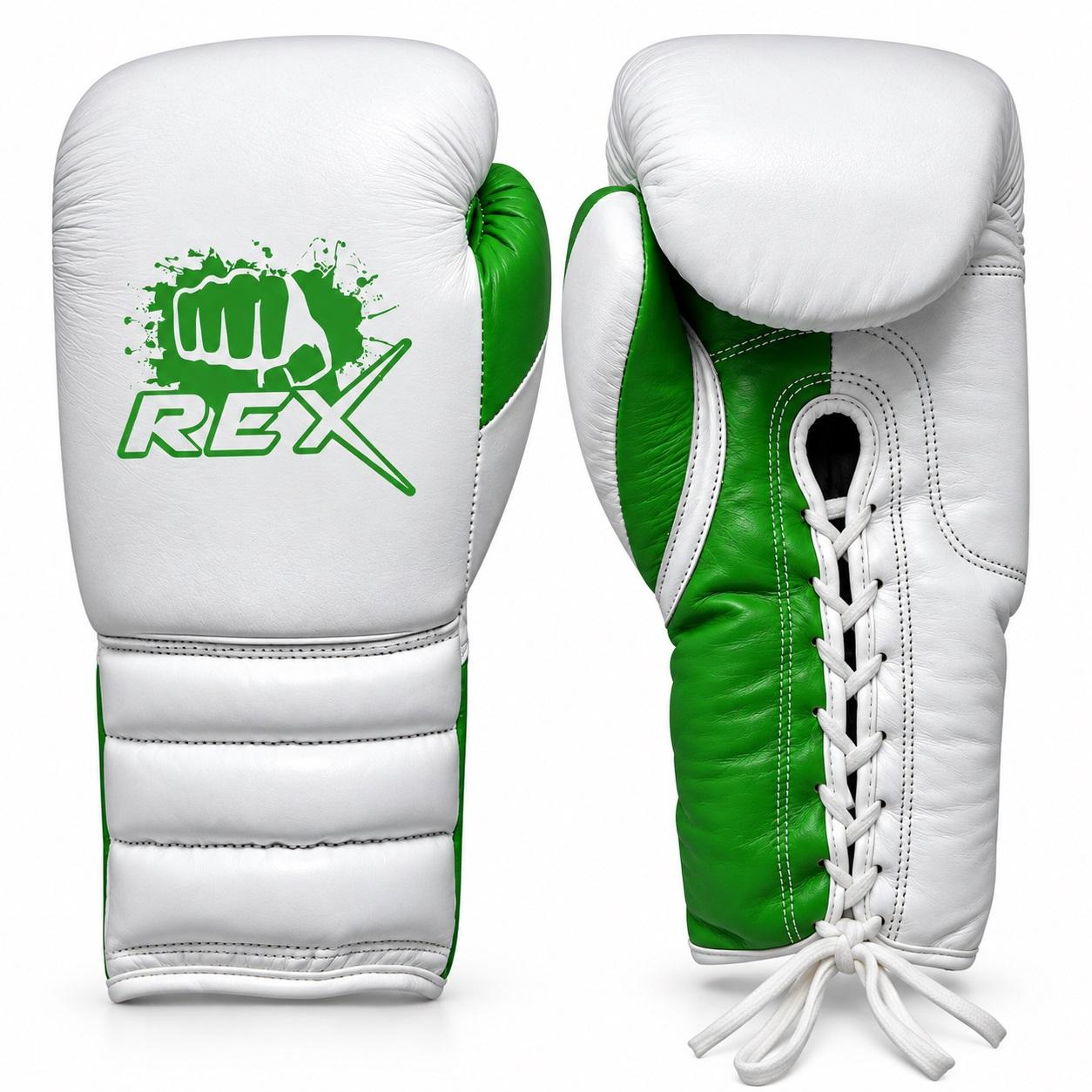 REX Grant Model Green & White Lace-Up Boxing Gloves