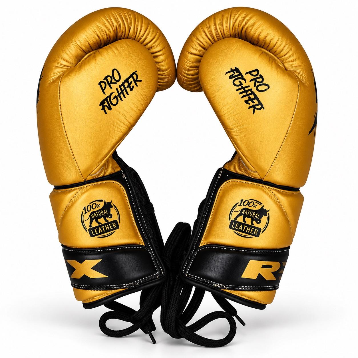 REX Smash Golden Cowhide Leather Lace-Up Competition Boxing Gloves