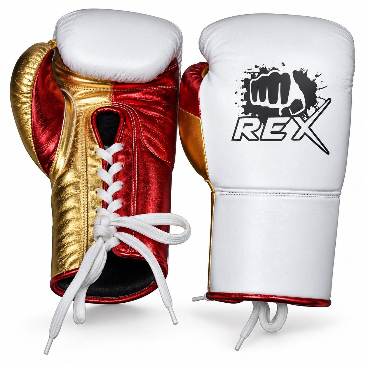 REX White Genuine Leather Lace-Up Fighting & Training Boxing Gloves